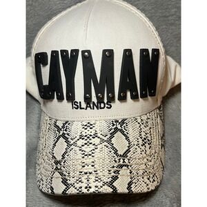 Cayman Islands White Snapback Hat Faux Snakeskin Brim Studded Adjustable OS